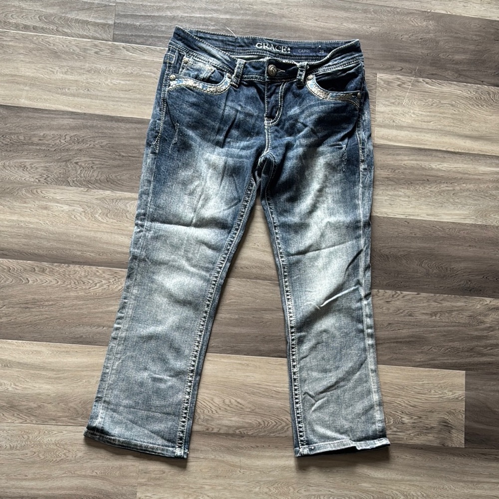 Grace in LA Blue Ankle Cropped Jeans with Faded Ombre Effect